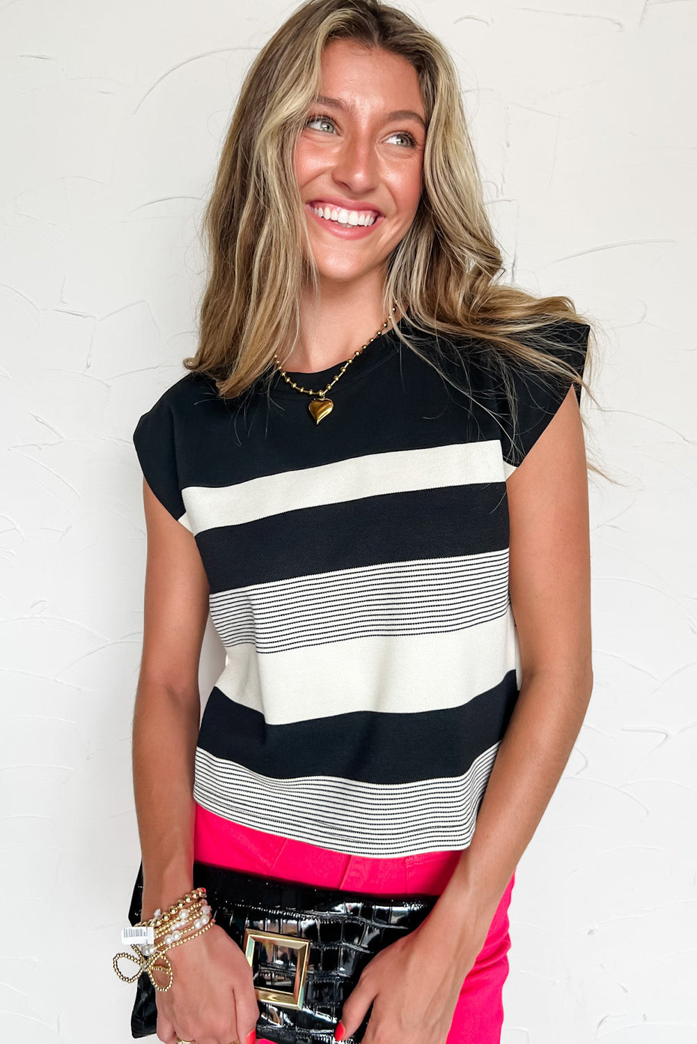 Black Stripe Mixed Print Crew Neck Cap Sleeve T Shirt - Snoopy's Closet