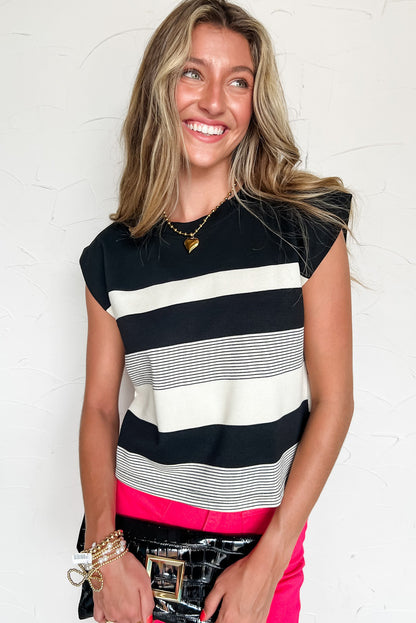 Black Stripe Mixed Print Crew Neck Cap Sleeve T Shirt - Snoopy's Closet