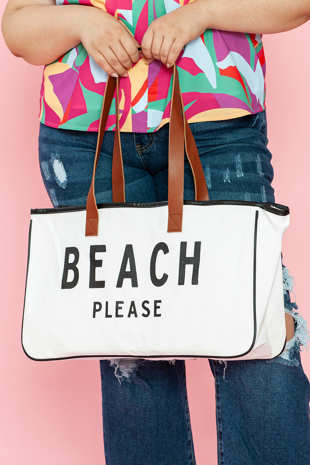 White BEACH PLEASE Print Large Canvas Tote Bag - Snoopy's Closet