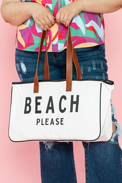 White BEACH PLEASE Print Large Canvas Tote Bag - Snoopy's Closet