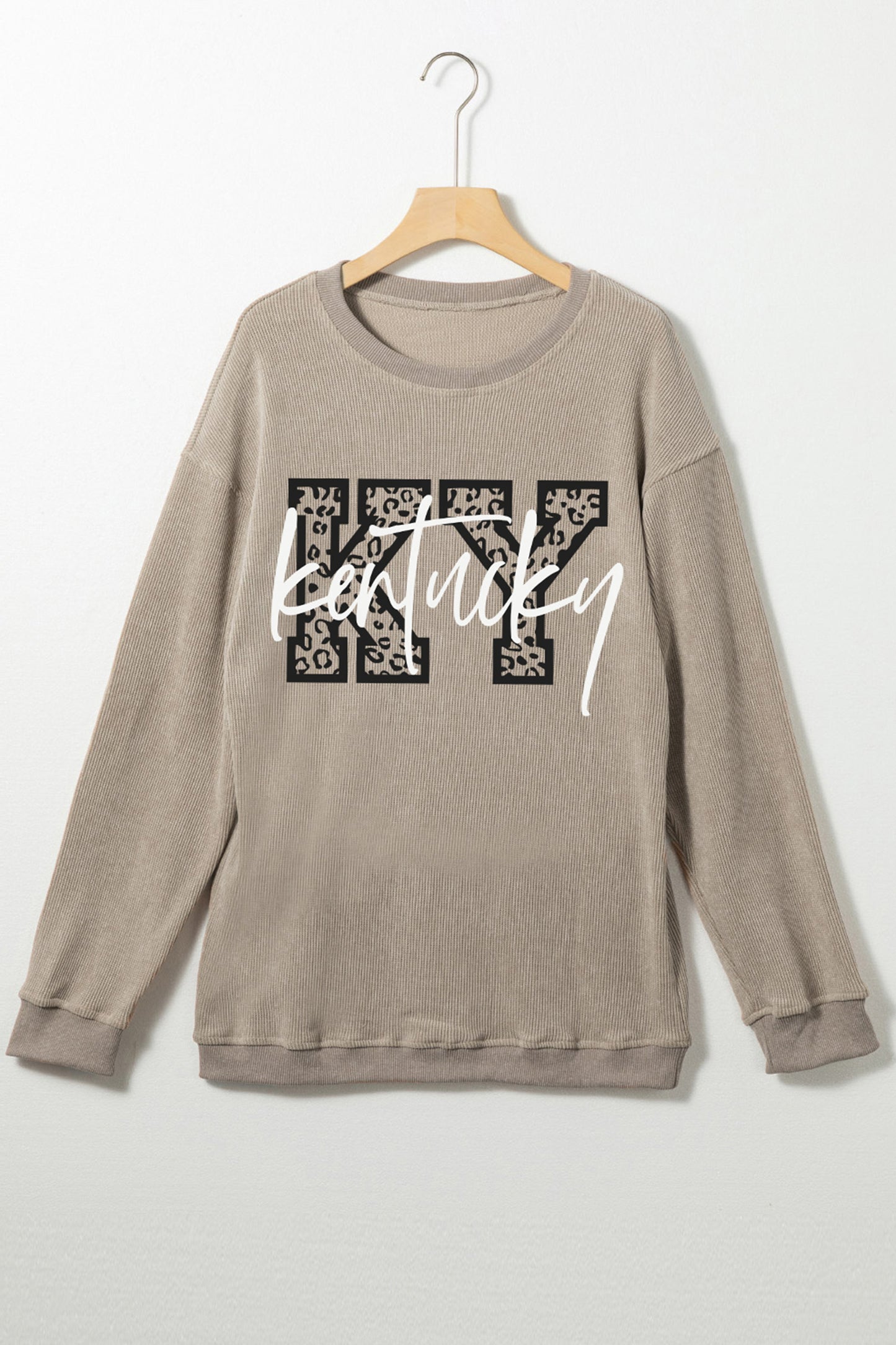 Khaki Kentucky KY Leopard Lettering Ribbed Baggy Sweatshirt - Snoopy's Closet
