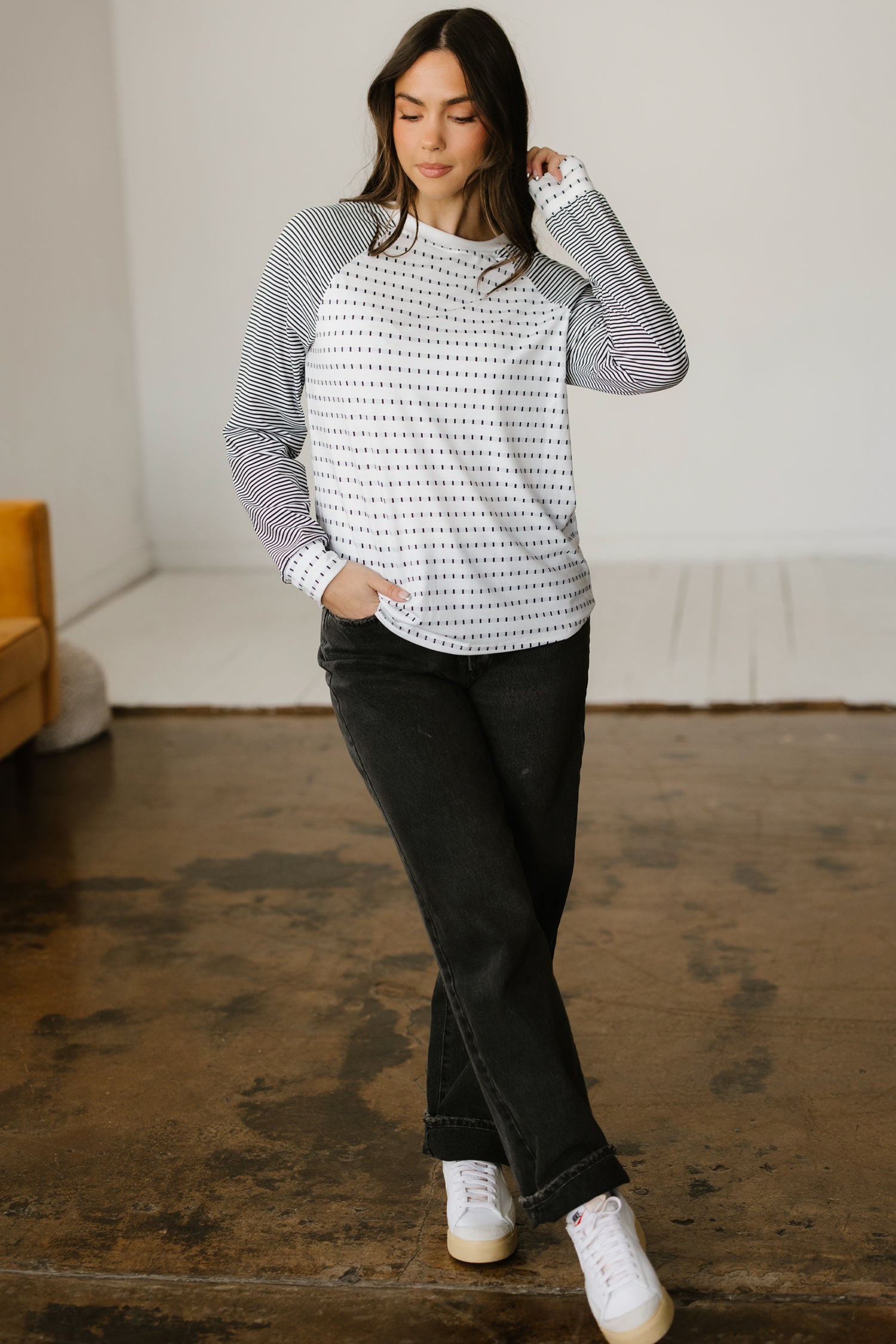 Black Stripe Raglan Patchwork Long Sleeve Tee - Snoopy's Closet
