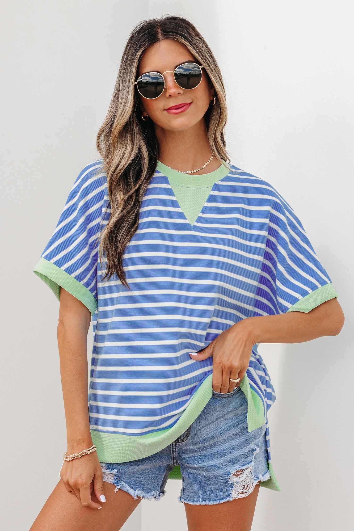 Pink Stripe Contrast Trim Loose Short Sleeve Top