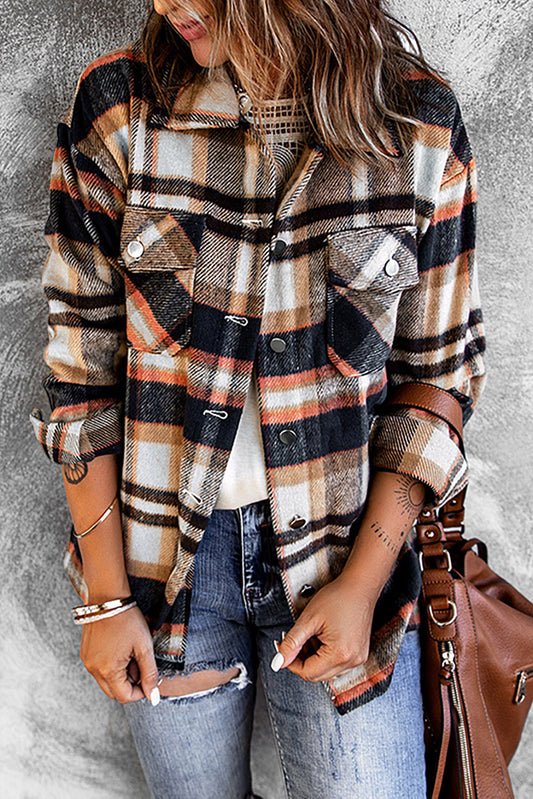 Camisa-chaqueta con Bolsillos y Estampado de Cuadros Geométricos