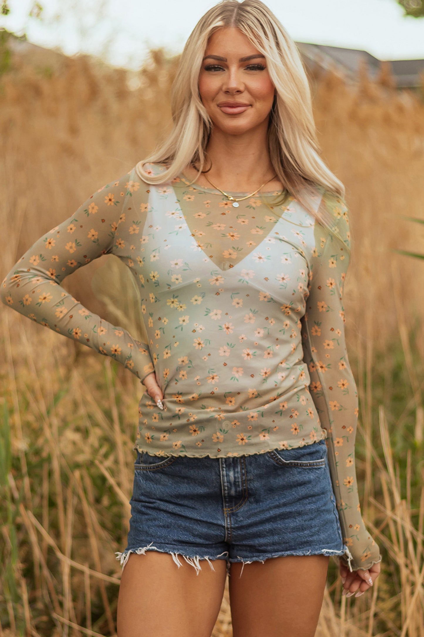 Top de malla de manga larga con estampado floral vintage verde laurel estilo sureño