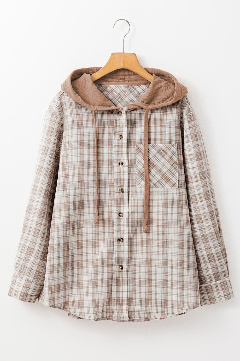 Sobrecamisa de Cuadros Caqui de Corte Holgado con Botones y Capucha