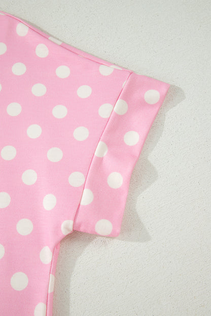 Sky Blue Polka Dot Print Color Block Trim Mock Neck Short Set - Snoopy's Closet