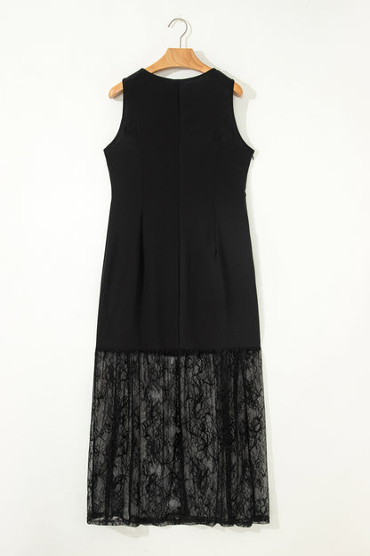 Vestido largo sin mangas de encaje floral transparente en color negro liso