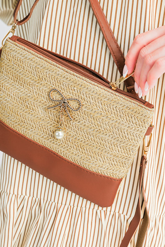 Beige Bow Pearl Decor Straw PU Leather Patched Crossbody Bag - Snoopy's Closet