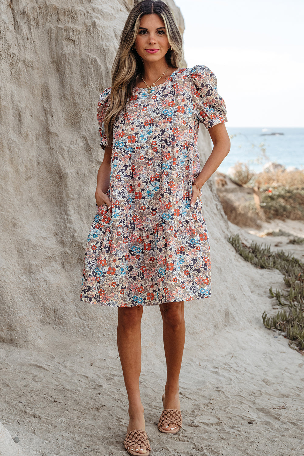 Apricot Bohemian Floral Print Short Puff Sleeve Mini Dress - Snoopy's Closet