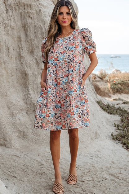 Apricot Bohemian Floral Print Short Puff Sleeve Mini Dress - Snoopy's Closet