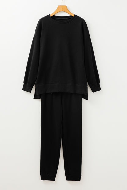 Black Solid Color High Low Pullover and Skinny Pants Set - Snoopy's Closet