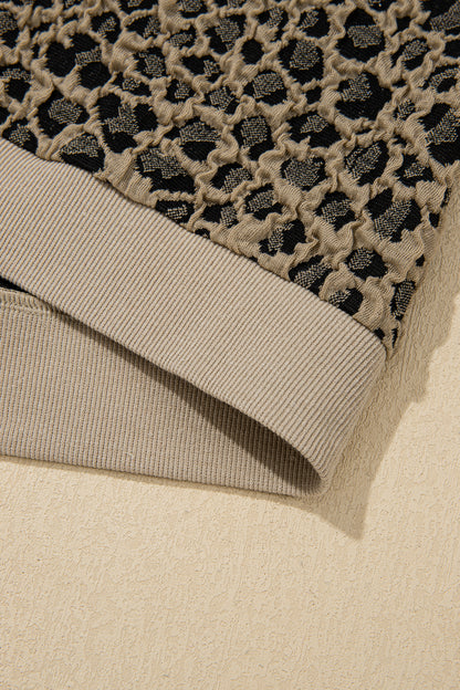Beige Ribbed Patchwork Collar Cuffed Sleeve Leopard Plus Top