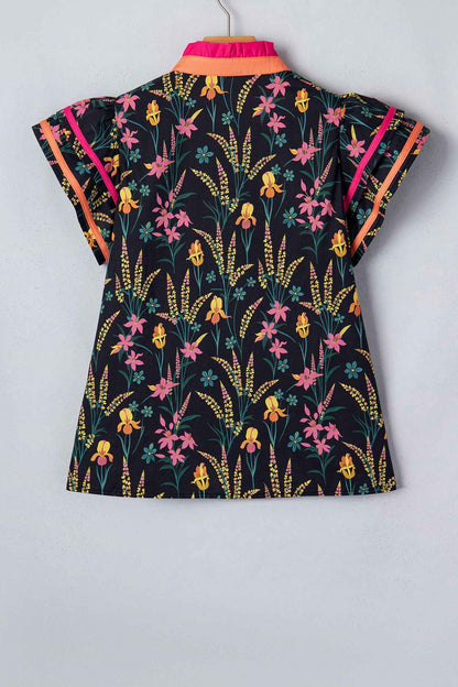 Black Floral Print Contrast Trim Tiered Ruffled Short Sleeve Blouse