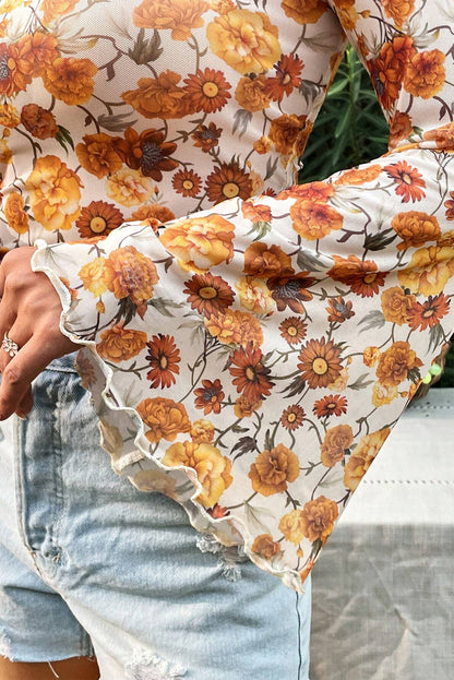 Orange Floral Printed Bell Sleeve Mock Neck Scallop Trim Blouse - Snoopy's Closet