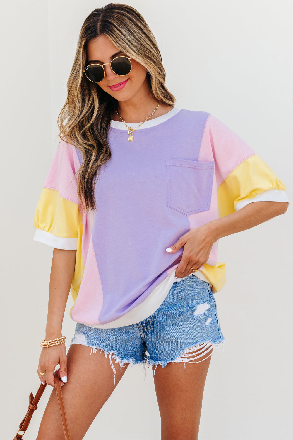 Purple Color Block Patchwork Half Sleeve Oversized T Shirt - Snoopy's Closet