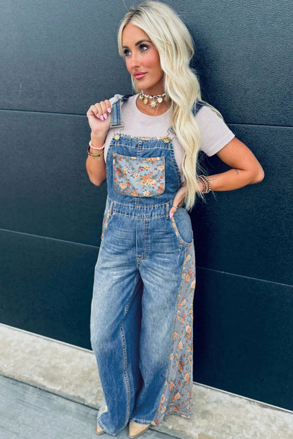Peacock Blue Floral Patchwork Bib Denim Wide Leg Overalls - Snoopy's Closet