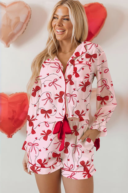 Red Bow Print Valentine Long Sleeve Shirt Shorts 2 Pcs Pajama Set - Snoopy's Closet