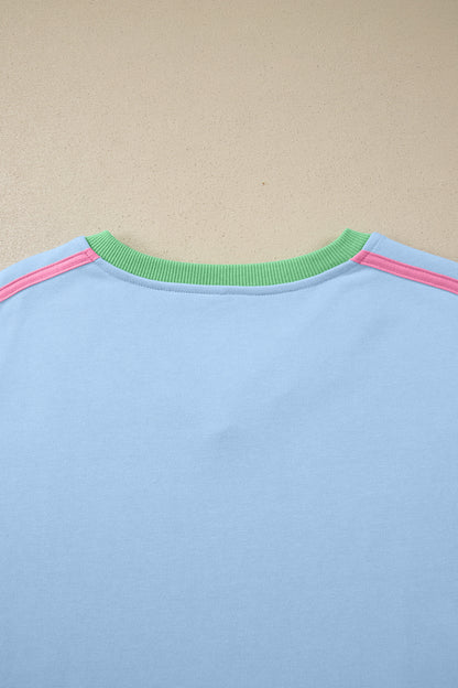 Sky Blue Ribbed Colorblock Trim V Neck Sporty Pullover Mini Skort 2pcs Athleisure Set - Snoopy's Closet