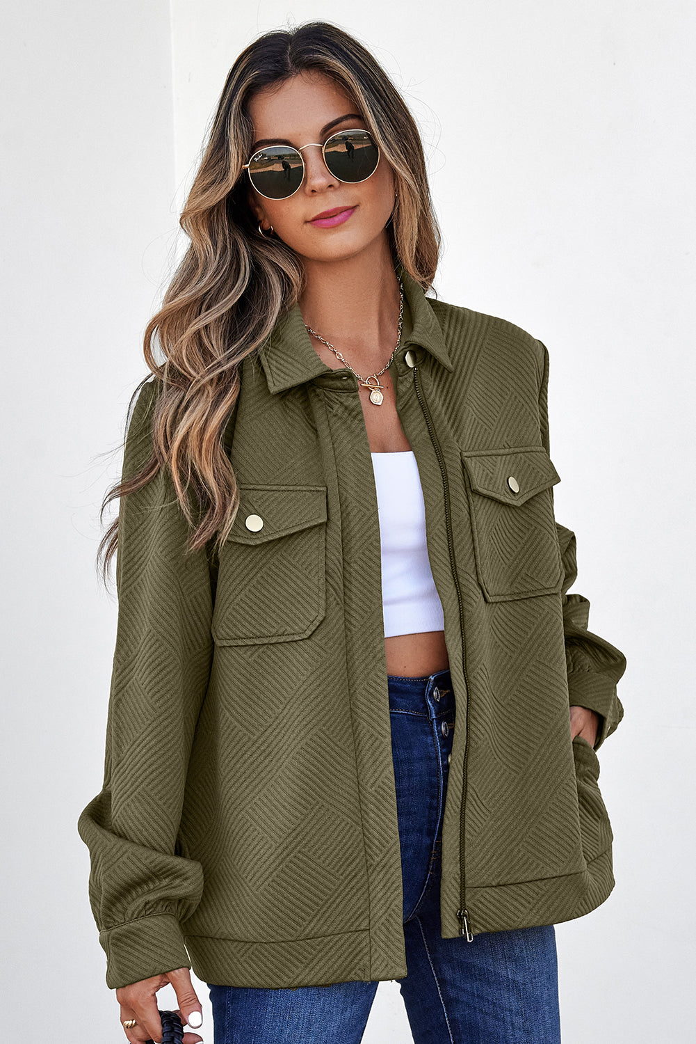 Chaquetas con cuello, color verde negruzco sólido, con cremallera y solapa con botones