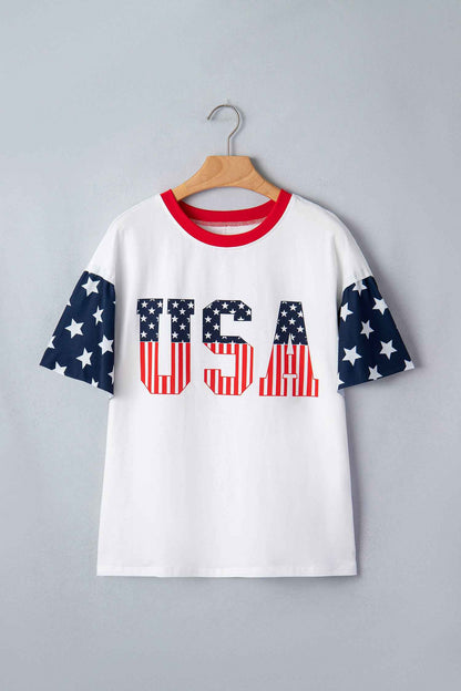 Jet Stream Flag Print USA Graphic Patchwork Casual Tee