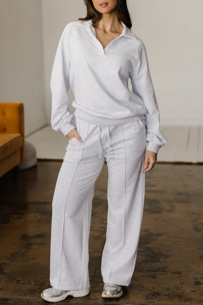 Light Grey Polo Collar V Neck Pullover and Drawstring Sweatpants Set - Snoopy's Closet