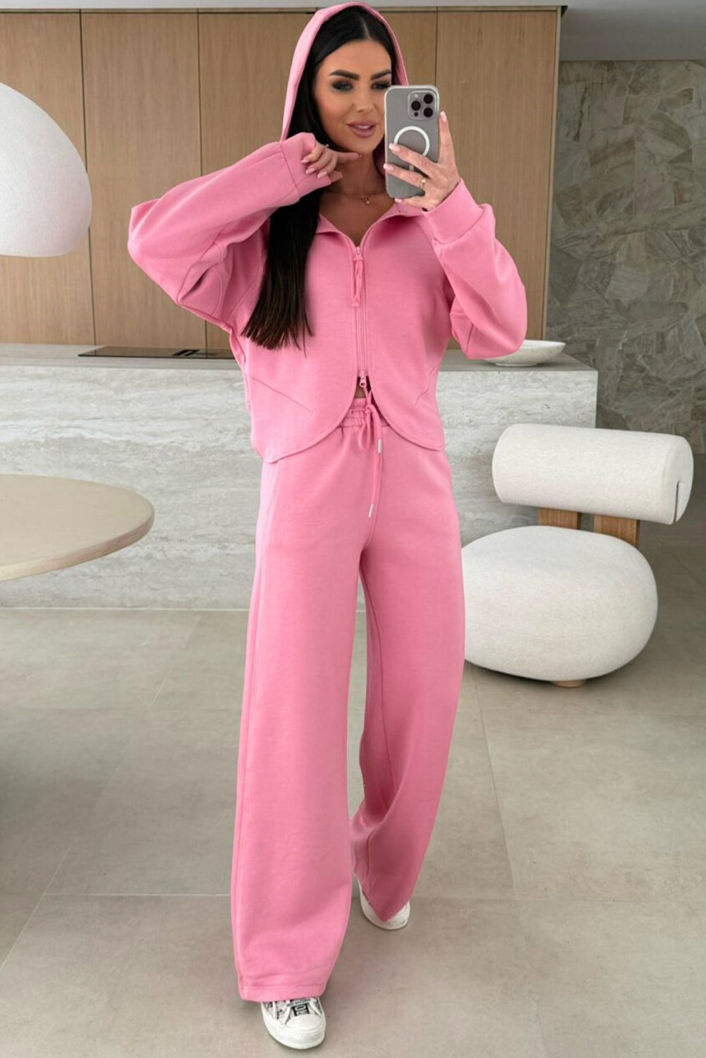 Pink Solid Color Zip Up Hoodie Drawstring Loose Pants Set - Snoopy's Closet