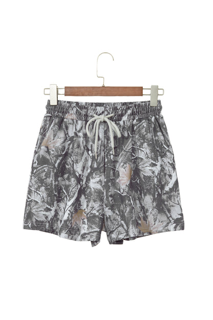 Pantalón Corto Elástico con Estampado de Hojas de Arce Abstractas Grises
