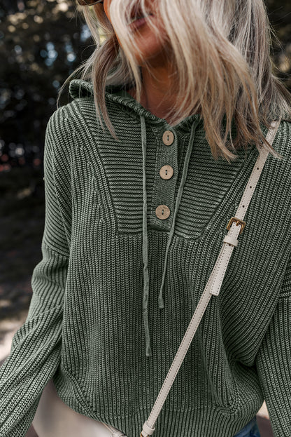 Mist Green Mineral Wash Ribbed Knit Button Drawstring Neck Hooded Sweater - Snoopy's Closet