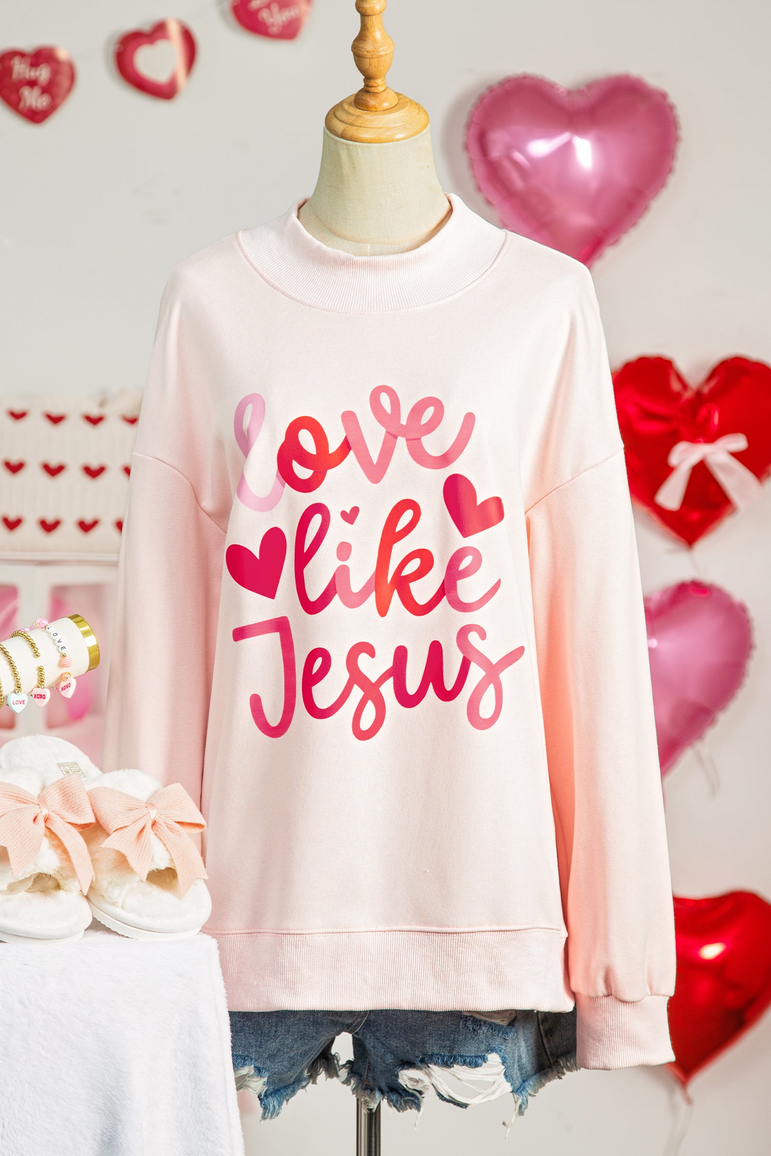 Light Pink love like Jesus Valentines Day Mock Neck Sweatshirt - Snoopy's Closet