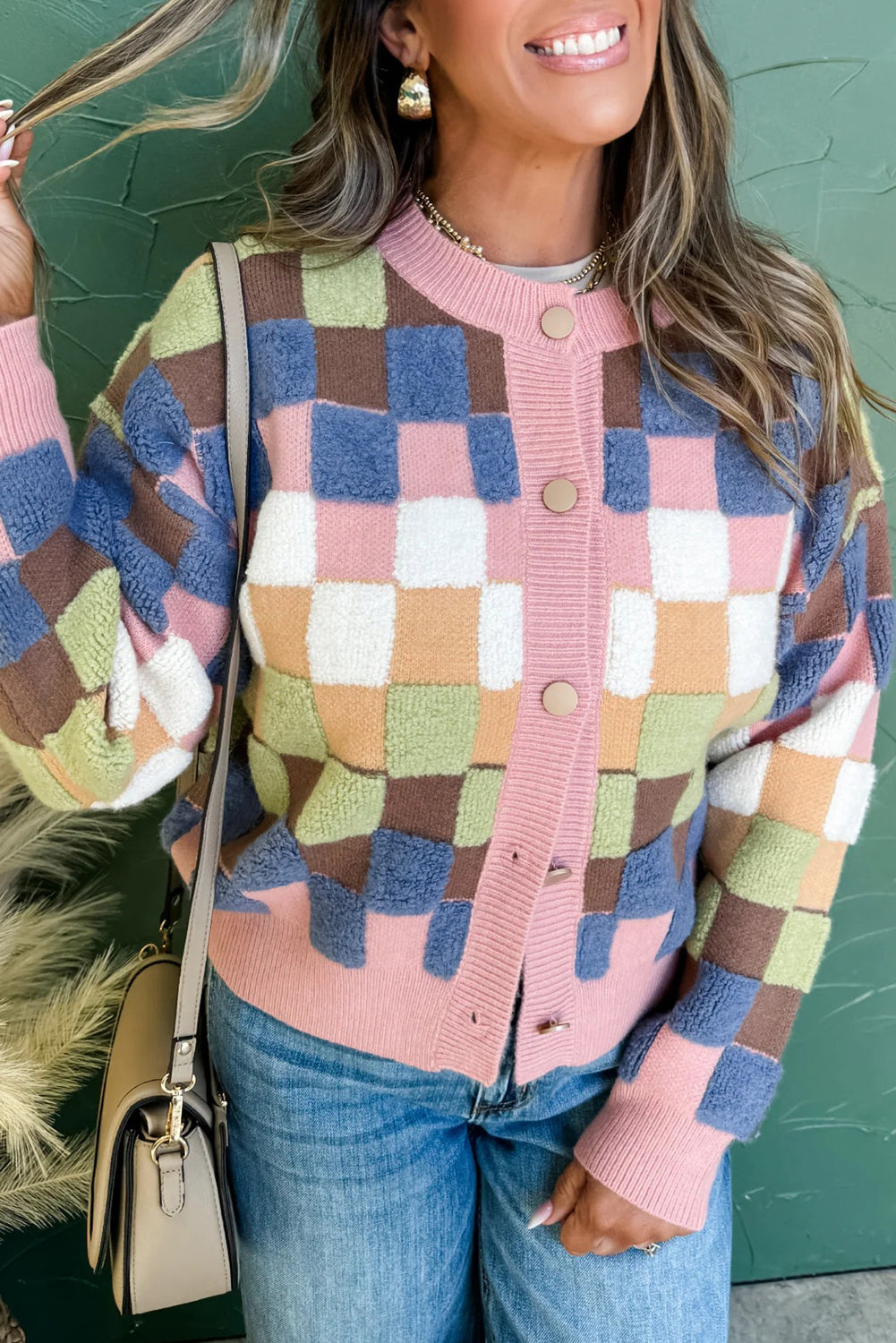 Cárdigan de punto con estampado a cuadros multicolor y botones en la parte delantera