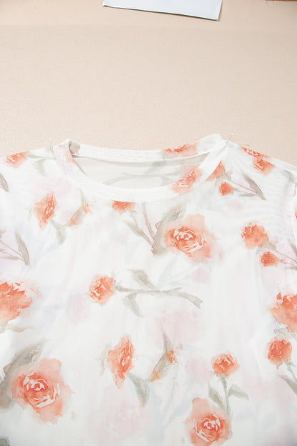 Red Plus Size Floral Print Sheer Mesh Long Sleeve Top - Snoopy's Closet