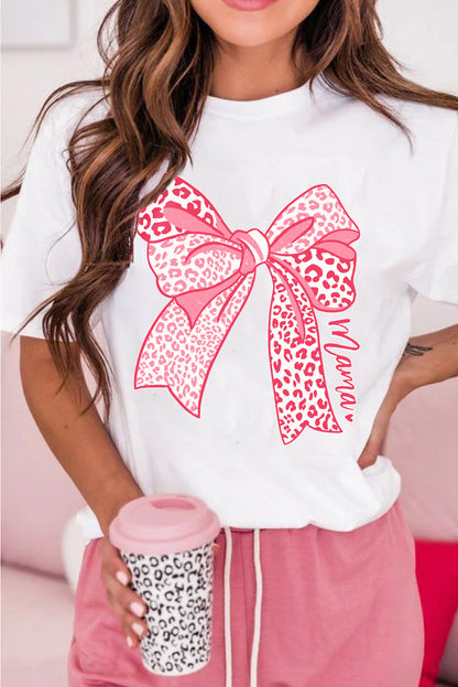 Camiseta de Moda para el Día de la Madre con Gráfico de Lazo y Leopardo Blanco