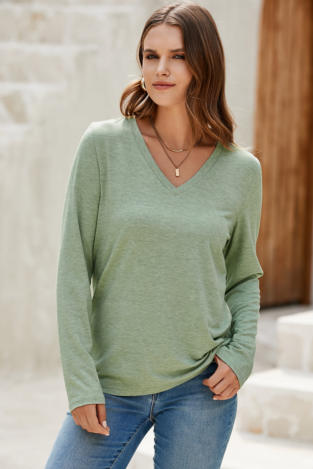 Grass Green Solid Color V Neck Long Sleeve Stretchy Top - Snoopy's Closet