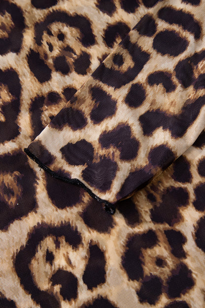 Camel Leopard Print Slim Fit Mesh Long Sleeve Mock Neck Top - Snoopy's Closet