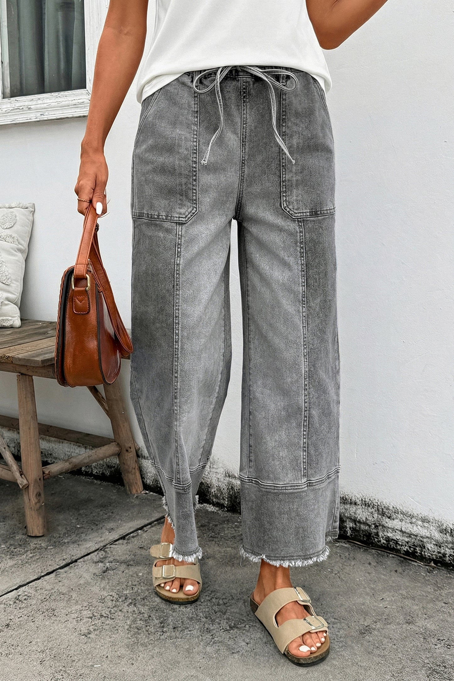 Pantalones Anchos Vaqueros Grises con Cordón, Detalle de Costura y Bajo Sin Rematar