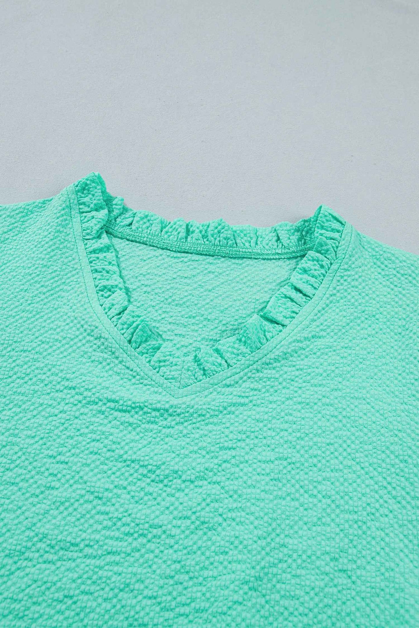 Mint Green Frilled V Neck Flower Embroidered Puff Sleeve Textured Blouse