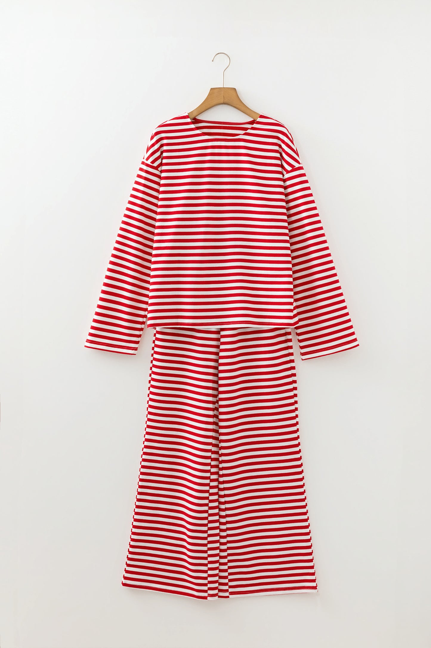 Red Stripe Drop Shoulder Long Sleeve Top Lounge Pants 2pcs Set - Snoopy's Closet