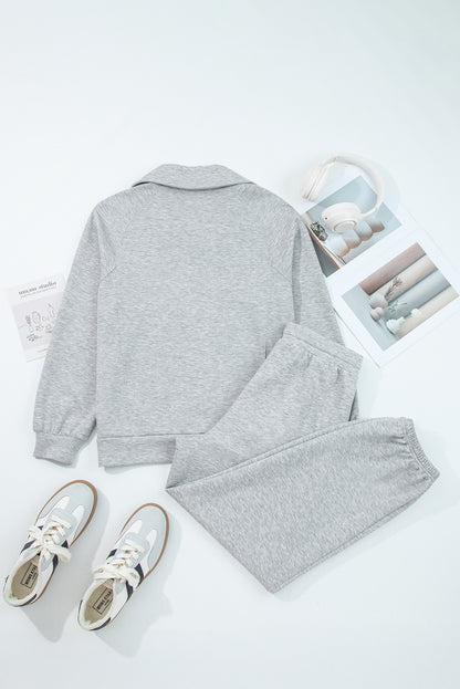 Light Grey Zip Collar Long Sleeve Top Drawstring Pants Set - Snoopy's Closet