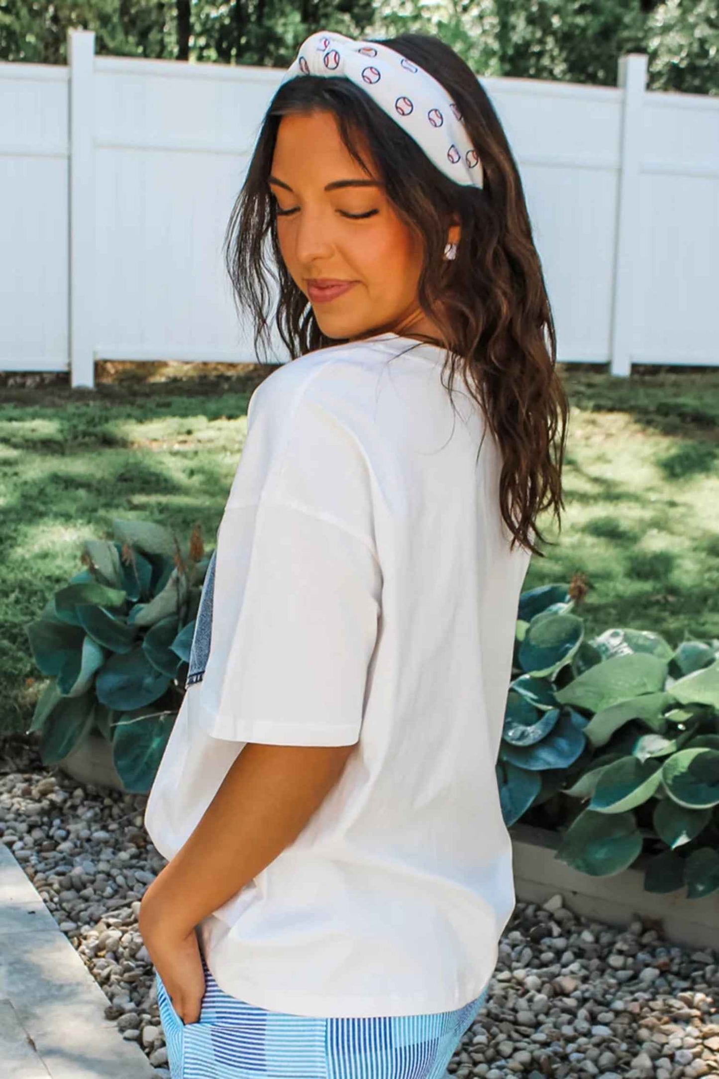 White Color Block Chest Pocket Patched Casual Short Sleeve Top