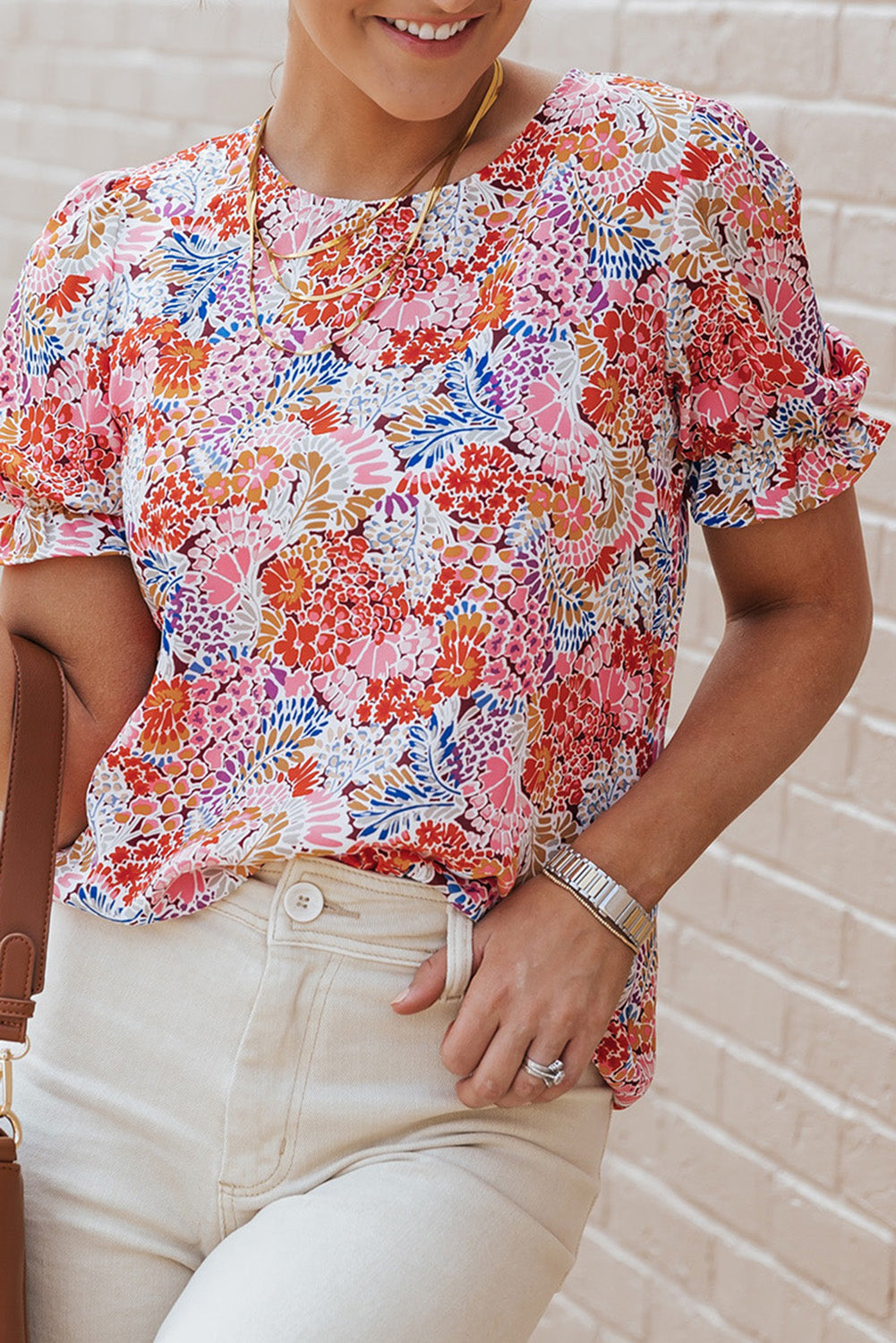 Multicolor Mix Floral Pattern Bubble Sleeve Blouse - Snoopy's Closet
