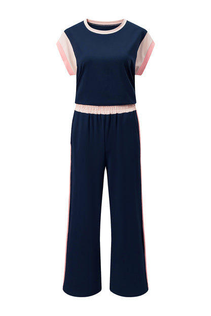 Navy Blue Color Block Detail Casual Two-piece Set - Snoopy's Closet