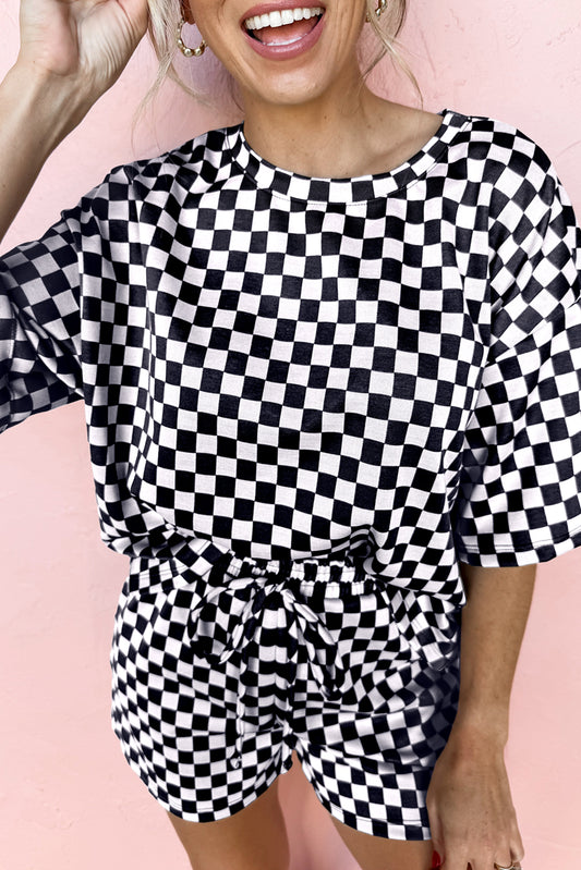 Black Checkered Top and Short Casual 2pcs Set - Snoopy's Closet