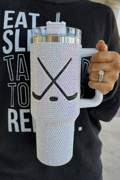Vaso de 40 oz con asa, con diseño de diamantes de imitación para un día de partido de hockey brillante.
