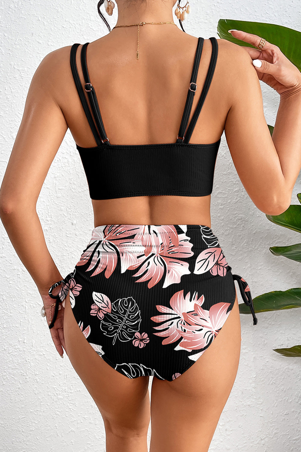 Black Ribbed Knit High Waist 2pcs Bikini Swimsuit - Snoopy's Closet