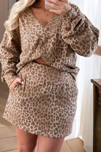 Light French Beige Leopard Print V Neck Pullover Mini Skirt 2pcs Set - Snoopy's Closet