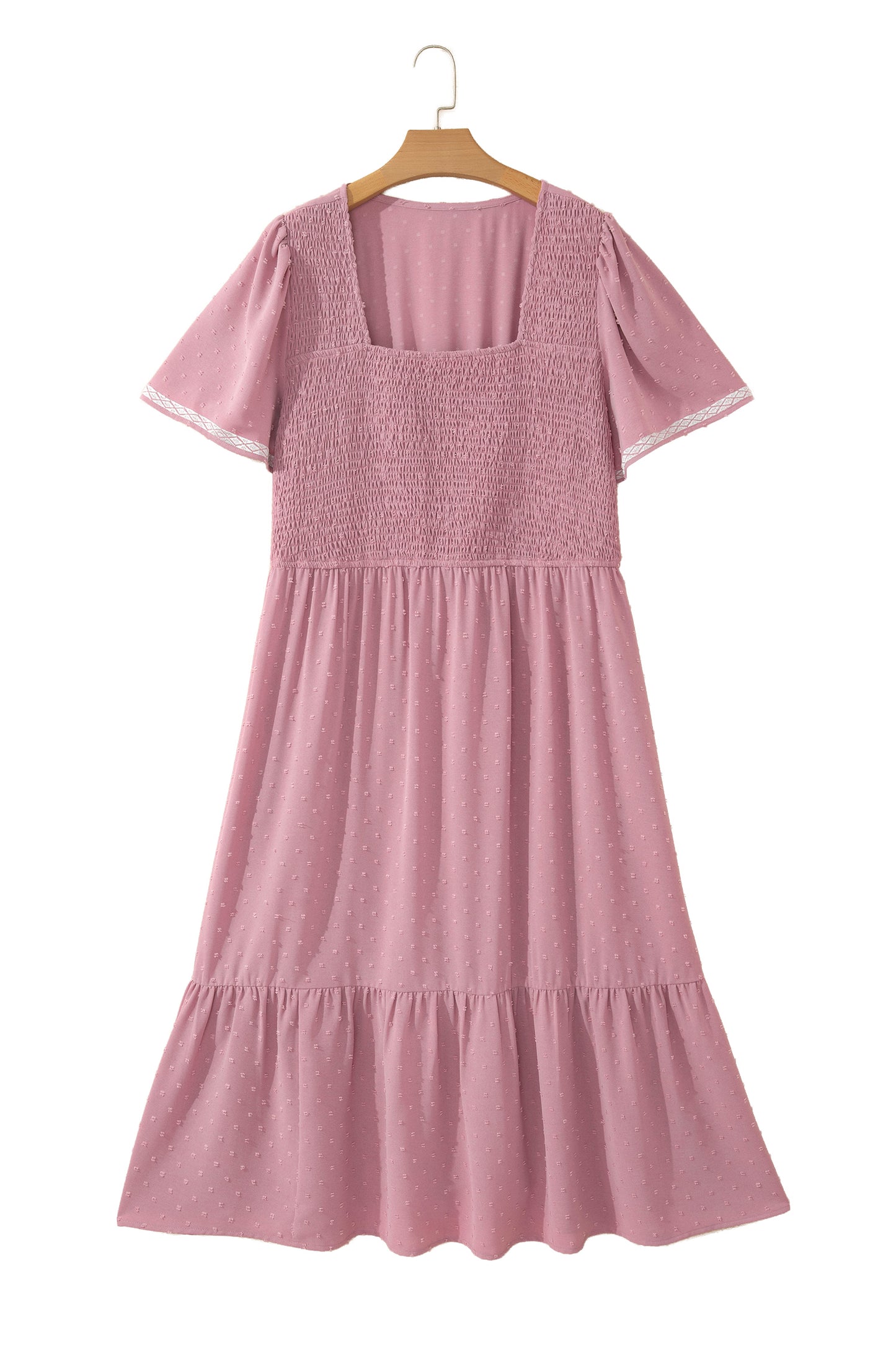 Vestido Midi Fluido Rosa Talla Grande con Manga Corta, Puntos Suizos y Cintura Fruncida