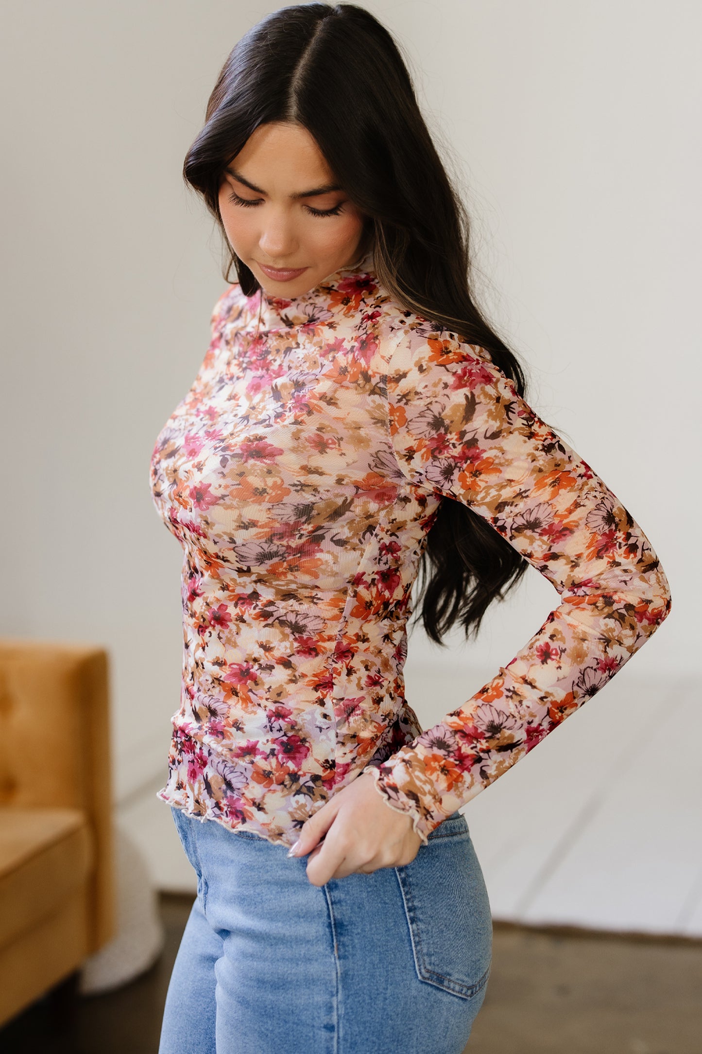 Red Lettuce Trim Floral Print Mesh Long Sleeve Top - Snoopy's Closet