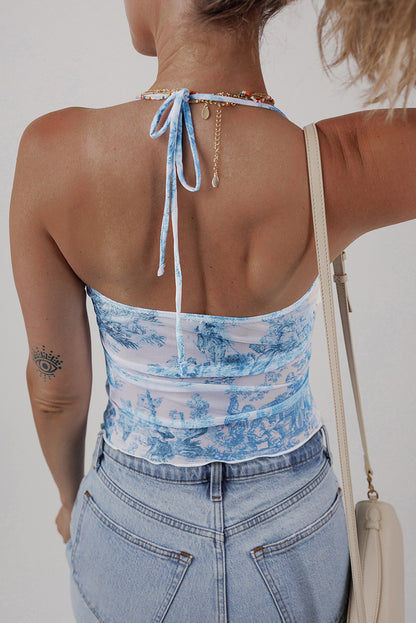 Sky Blue Random Printed Mesh Bow Detail Halterneck Tank Top - Snoopy's Closet