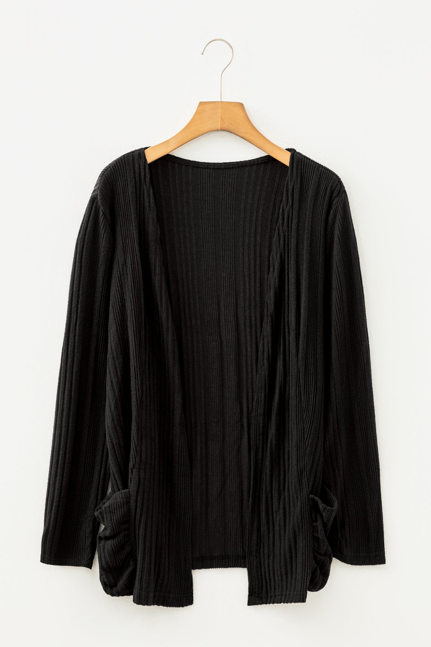 Black Ribbed Open Front Knitted Top with Pockets - Snoopy's Closet